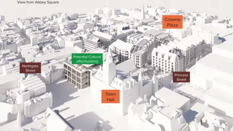 Cheshire West and Chester Council A CGI showing the plans around the town hall with buildings labelled as "Potential Cultural offer/building" and "Crowne Plaza"