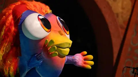A mascot head with big eyes and orange and yellow hair 