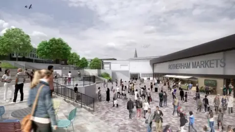 Rotherham Council A computer drawing of people enjoying outdoor market space.
