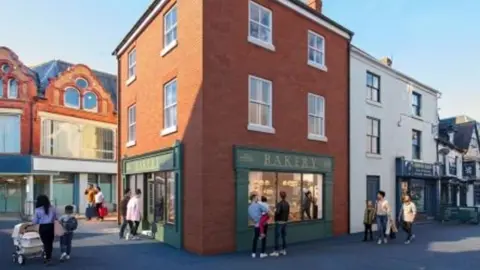 An artist's impression of a brown brick, town centre building with large green-framed windows and people standing in the street outside.