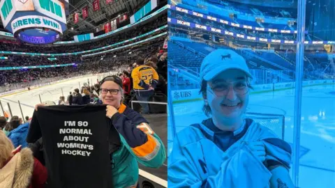 Kate Hoos/ Hannah Judson LEFT: Kate Hoos wears a backwards baseball hat while standing in packed arena stands at a New York Sirens hockey game. She is holding up a black t-shirt that reads "I'm so normal about women's hockey". RIGHT: Hannah Judson looks straight ahead and smiles while standing in the stands at a hockey game. 