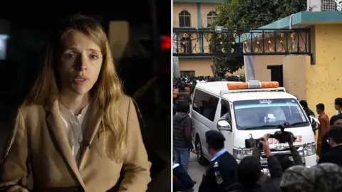 A composite of a BBC Correspondent speaking to camera while wearing a light brown coat on the left and an ambulance driving through gates on the right