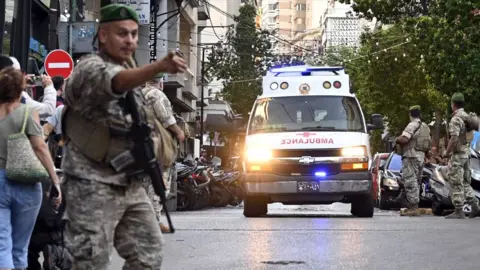 An ambulance arrives at the American University of Beirut Medical Center