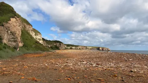 Bethany White/BBC Blast Beach. The beach is covered in stony sand with rocky cliffs looming up from behind. Clouds fill a dramatic sky.