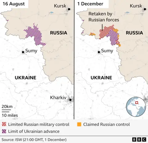 A BBC map showing the area of ​​Kursk captured by Ukrainian forces in August is compared to a second map showing the same area in early December, showing where Russian forces have regained control.