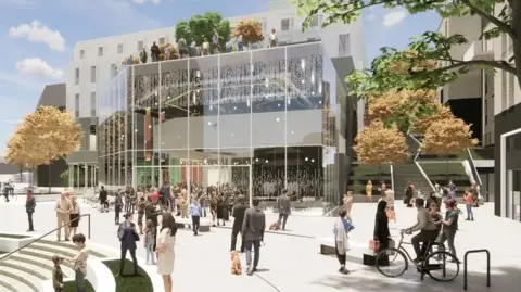 Cornwall Council An artist's impression of a modern glass building with lots of people going about their day outside.