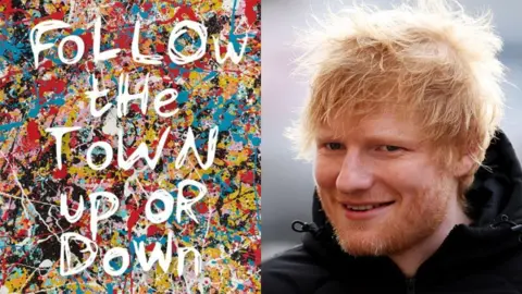 Montage: Left - a close up of Ed Sheeran's art work with the words 'Follow the town up or down' over a paint splashed background, Right - a close up of Ed Sheeran with wind-swept, light ginger hair, wearing a black coat