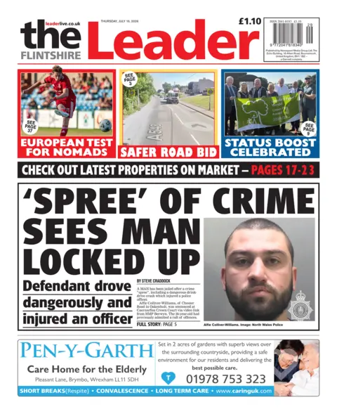 Flintshire Leader Flintshire Leader front page: 'Spree' of crime sees man locked up, alongside a mugshot of a man with short black hair and a beard