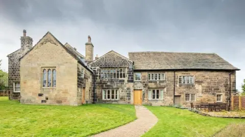 Calverley Old Hall, in Calverley, Leeds, shown from the south-east, with the Great Hall on the right-hand side, the Chapel on the left and the Solar in-between.