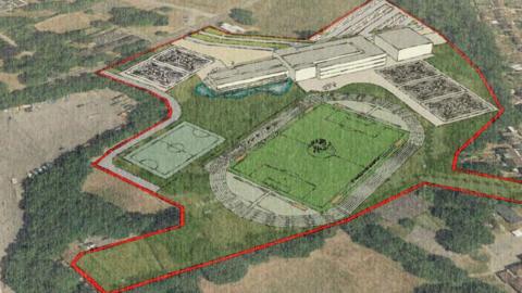 Plans for a school and sports field shown from an aerial view
