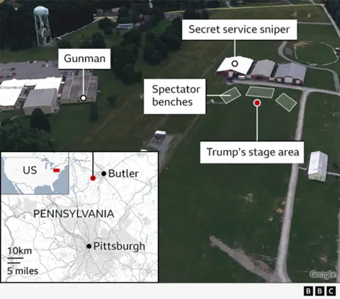 a map showing the distance suspected gunman thomas matthew crooks shot at Trump from