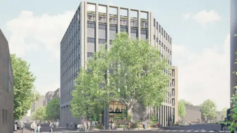 Bennetts Associates/Essex County Council/Stanhope An artist's impression of a seven or eight story office block with a large tree in front of it. It is on the corner of Station Road to the left and Hills Road to the right. People are milling around. 