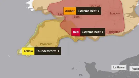 Met Office A map of the UK showing the location of weather warnings from the Met Office 