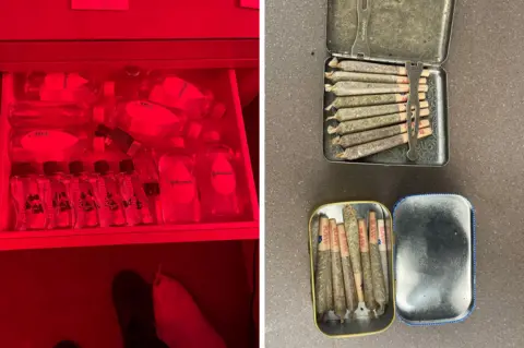 Split image showing a drawer filled with Johnson's baby oil bottles and Astroglide under red lighting (left), and two open metal tins containing rolled joints (right).