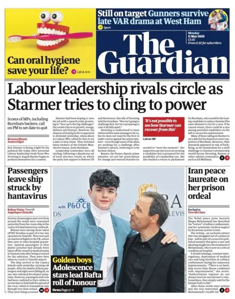 The headline on the front page of the Guardian reads: “Labour leadership rivals circle as Starmer tries to cling to power”. 
