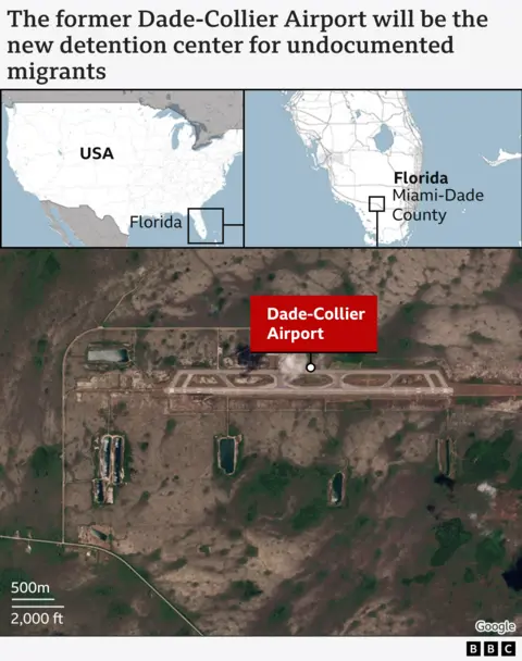 Map shows two graphics showing maps of Florida and the US and then a surveillance picture of the Dade-Collier airport