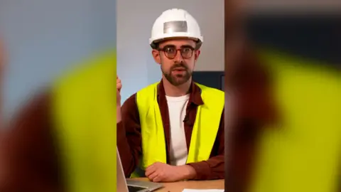 Harry Kind wears a white hard hat and a yellow hi-vis vest. He looks directly at the camera with a serious expression.