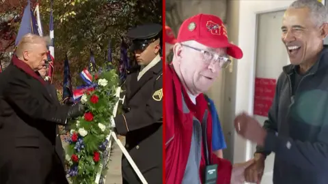 Splitscreen. Left, Trump lays a wreath at the national cemetery. Right, Obama laughs with a veteran outside a plane.