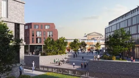 Worcestershire County Council A computer-generated graphic showing how the Shrub Hill Quarter or Worcester may look once regeneration work is completed. There is a large open place with stepped area leading down to a body of water. There are modern-looking buildings and trees interspersed around a public open space.