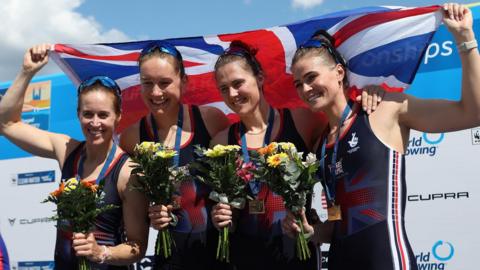 The GB women's four of Helen Glover, Esme Booth, Samantha Redgrave and Rebecca Shorten top the podium at the European Rowing Championships in Hungary
