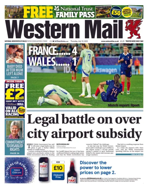 Western Mail The Western Mail newspaper front page shows main headline; Legal battle on over city airport subsidy, France... 4, Wales... 1. Other headlines on the front page are: Baby died after mum left alone, baby died after mum left alone. 