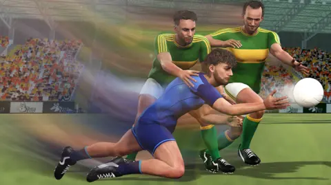 A screenshot of the video game Gaelic Football '25 - it shows three players, two kitted out in green tops with a yellow stripe, and one in blue, battling for control of the ball