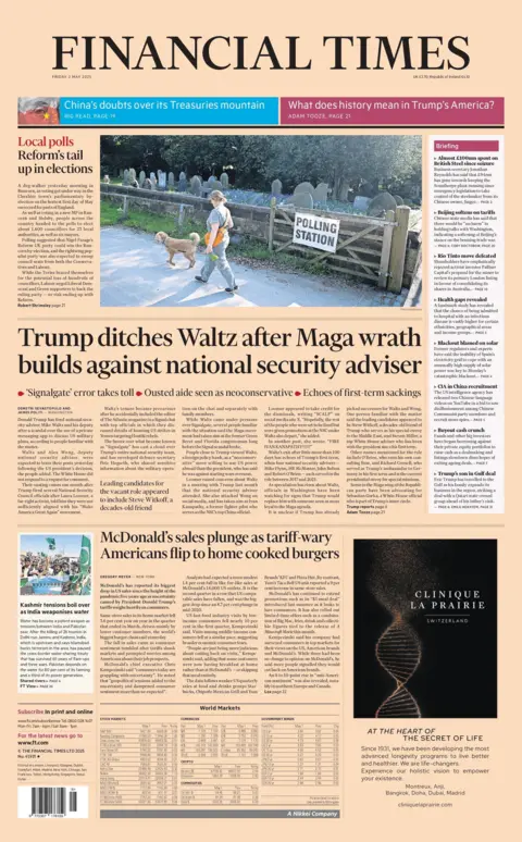 The headline on the front page of the Financial Times reads "Trump ditches Waltz after Maga wrath builds against national security adviser."