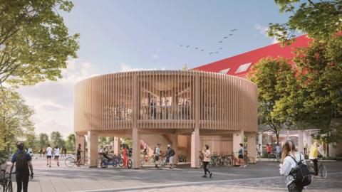 Oxford North’s new landmark timber cycle pavilion in the market square, adjacent to the Red Hall - CGI exterior