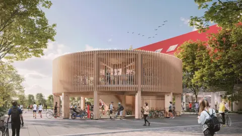 Fletcher Priest Architects Oxford North’s new landmark timber cycle pavilion in the market square, adjacent to the Red Hall - CGI exterior