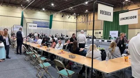 Nicola Haseler/BBC An election count with counters sitting behind long wooden tables. There are signs on poles indicating the wards that are being counted. There are some people walking round the outside of the tables.