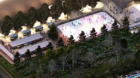 YTL/McGregor Coxall Bristol Arena aerial view of Christmas trees and ice rink 