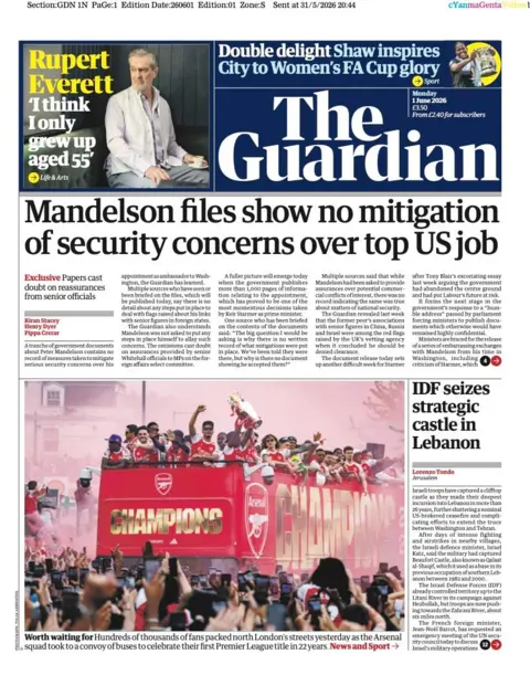 The Guardian headline reads 'Mandelson files show no mitigation of security concerns over top US job'