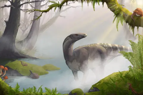 Maija Karala An illustration of the dinosaur. It is walking on its all-fours through a jungle landscape. The dinosaur is grey in colour.