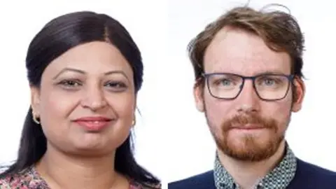 Birmingham City Council A composite of two council publicity images, against white backgrounds. On the left, a woman with tied-back black hair, gold earrings and a floral dress. On the right is a man with tousled brown hair, black-rimmed glasses and a trimmed moustache and beard. He is wearing a blue sweater.