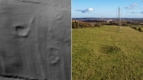 Simon Elliott Composite image showing, on the left, a black and white aerial Lidar image of two small, oval enclosures on a hill and on the right, a natural light drone shot of one of these features, revealed to be in a grassy field