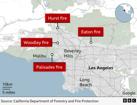 Map of the current four major fires