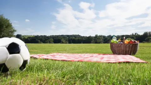 Getty Images A generic image of a large green park. In the foreground there is a black and white football next to a red and white checked picnic blanket with a wicker basket on top.