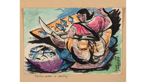  A Fish Seller in Bombay. A vibrant rendering of ink on paper laid on paper, 1947. 