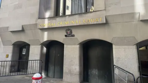 BBC A general view of the Old Bailey - a concrete building with a row of black doors and the words 'central criminal court' in gold above. 