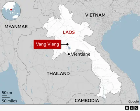 A map showing the location of Vang Vieng in the country of Laos. A landlocked nation in South East Asia, Laos shares a border with Thailand to west and Vietnam to the east.