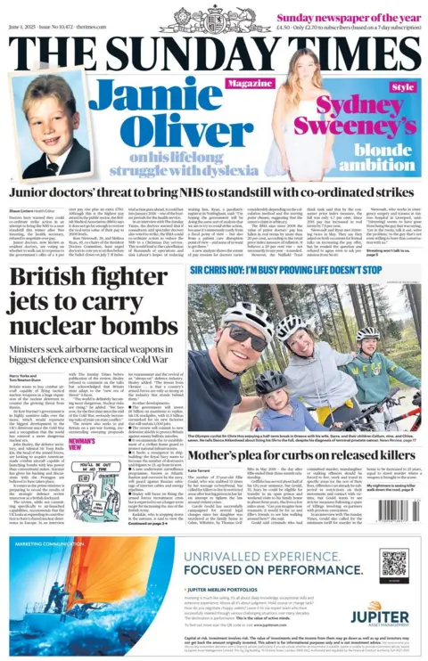 The front page of the Sunday Times shows a picture of Jamie Oliver as a child, with the headline: Jamie Oliver on his lifelong struggled with dyslexia. Below, a headline reads: British fighter jets to carry nuclear bombs.