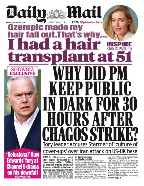 The headline of the front page of the Daily Mail reads: "Why Did PM Keep Public In Dark For 30 Hours After Chagos Strike?"