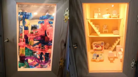 The Rumble Museum A composite of tow pictures showing two different lockers, one with a marble run and the other with a Polly Pocket dollhouse.