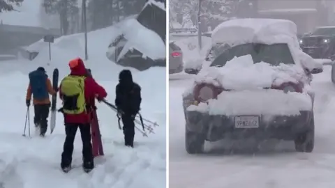 plitscreen. Left, rescuers begin their hike. Right, a car covered in snow.