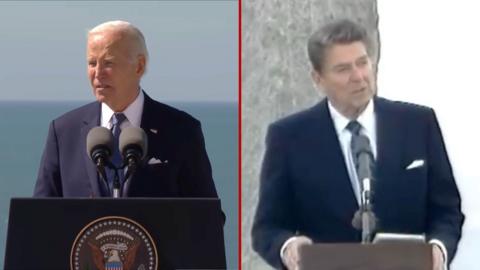 Split screen with Joe Biden and Ronald Reagan