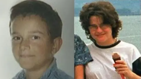 Family A composite image of a boy and a young woman. The boy is on the left and has dark hair and brown eyes. He is wearing a blue shirt and is looking straight at the camera. The young woman has dark hair cut in a bob style and is wearing glasses and a white t-shirt with a black trim. She is holding an ice cream.