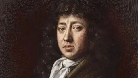 Getty Images A painted portrait of Samuel Pepys, a 17th Century man with long dark curls, pale skin and a white cravat, looking directly at the viewer.