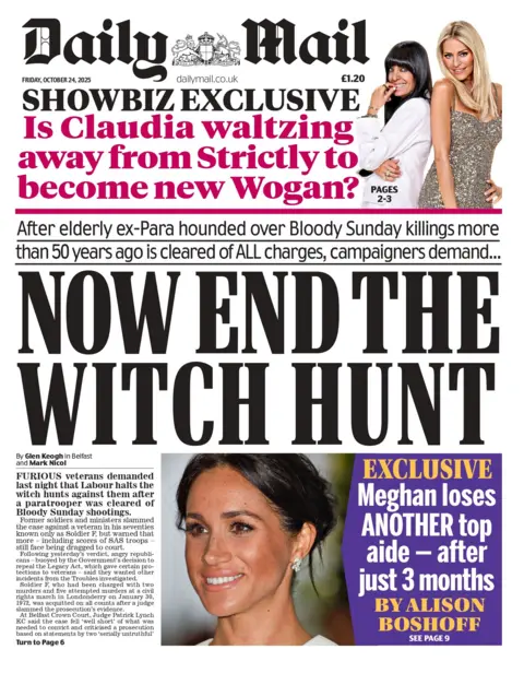 The headline on the front page of the Daily Mail reads: "After elderly ex-Para hounded over Bloody Sunday killings more than 50 years ago is cleared of ALL charges, campaigners demand: Now end the witch hunt".