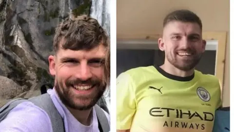 Family Handout Two photos of Lee Horton next to each other. The left shows him in a purple shirt wearing a backpack and smiling at the camera. The right photo shows him in a football jersey.