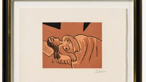 Castle Fine Art Woman drawn with strong black outline on brick-coloured background. She sleeps in a bed with a pillow and blanket drawn below an exposed chest.